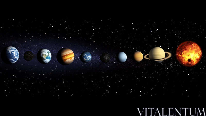 Solar system planetary lineup against star field background.
