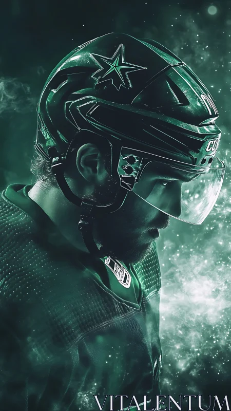 Side-lit hockey portrait isolates athlete in emerald vapor glow