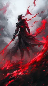 Dark warrior with red sword amid swirling crimson energy.