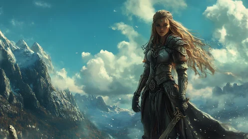 Warrior queen stands defiant beneath storm-bright mountains