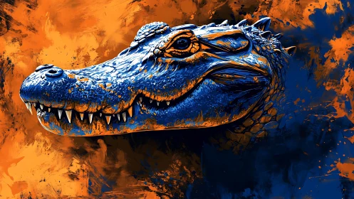 Fierce blue alligator head blazes against orange chaos