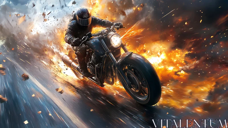 Motorcyclist races through explosive firestorm at night.