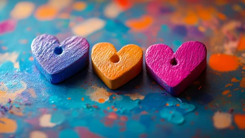 Colorful wooden hearts on vibrant splattered backdrop.