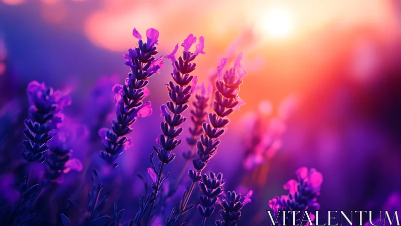 Macro lavender spikes in shallow depth at sunset backlight
