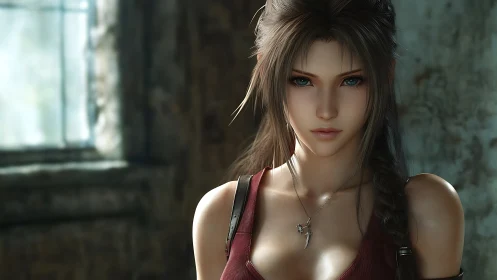 Rendered female character stands indoors in controlled lighting