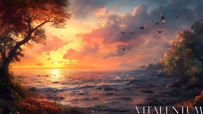 Sunset shoreline with kayaks under glowing autumn sky.