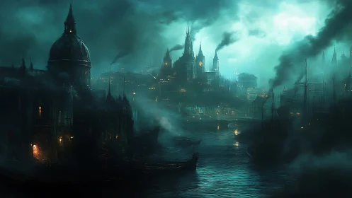 Smoky gothic harbor city under eerie teal moonlight.