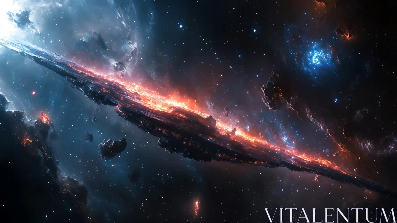 Burning galactic shard slices through blue nebular starfield