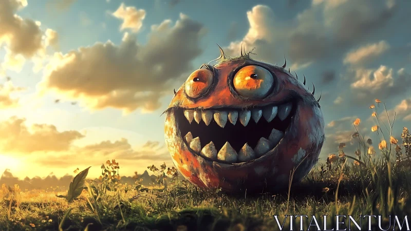 Grinning monster pumpkin orb gleams under a golden sunset