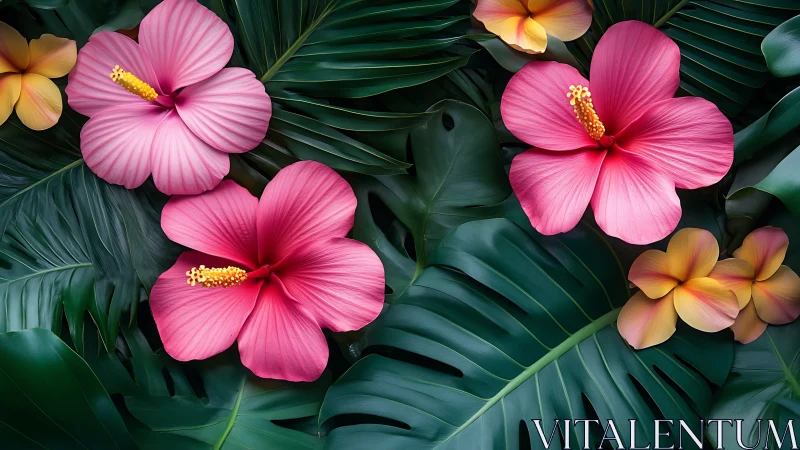 Tropical Blooms in Lush Paradise: Pink Hibiscus Garden.