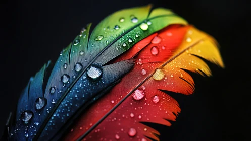 Prismatic rain-kissed feather glows against velvet dark.