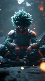 Armored masked hero meditates amid glowing battlefield embers.