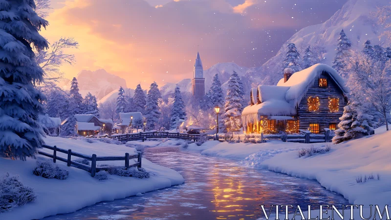 Snowy riverside village glowing under a gentle winter sunset.