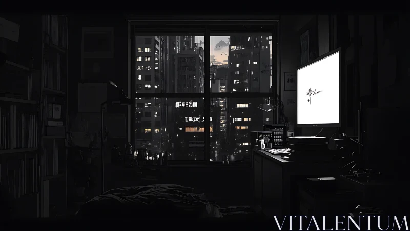 Midnight studio window glowing over a quiet cityscape.