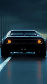 Midnight muscle car hums over rain-glossed neon asphalt.