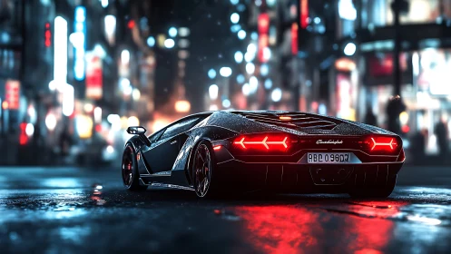 Low-angle rear view shows sports car on wet neon city street
