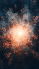 Glowing dawn mist settles gently over a quiet autumn forest