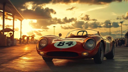 Sunlit vintage race car poised on glowing pit lane.
