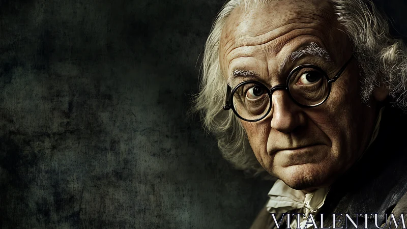 Portrait depicts older man with glasses against dark backdrop