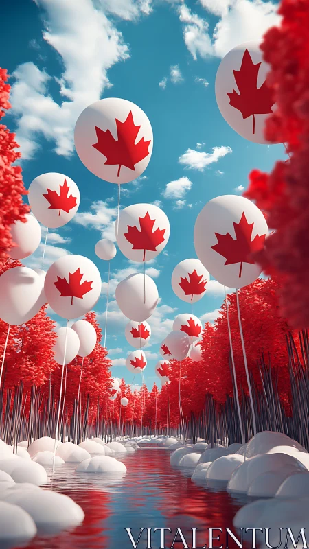 Canadian maple balloon river under stylized red forest sky.