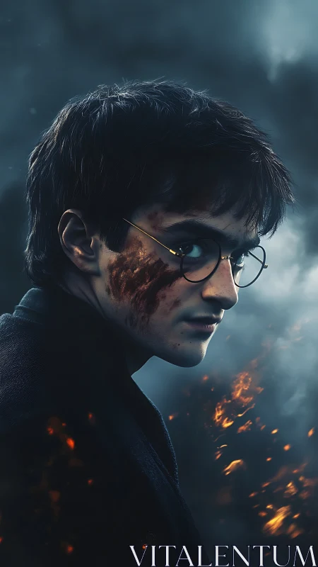 Battle-scarred young wizard walks through drifting embers.