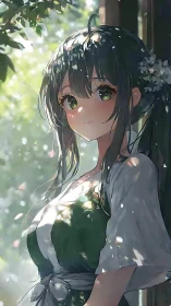 Forest veranda girl under dappled morning sunlight glow.