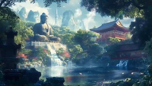 Serene mountain Buddha temple overlooks cascading forest lake
