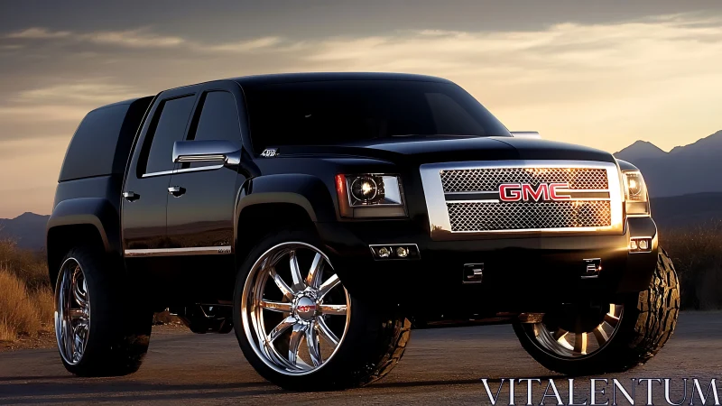 GMC sport utility vehicle rendered in desert landscape at dusk