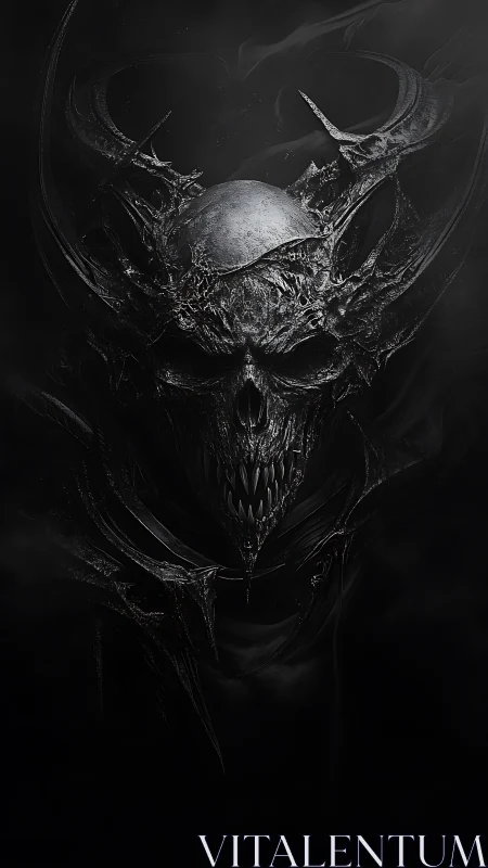 Armored demonic skull emerges from void in high-contrast chiaroscuro
