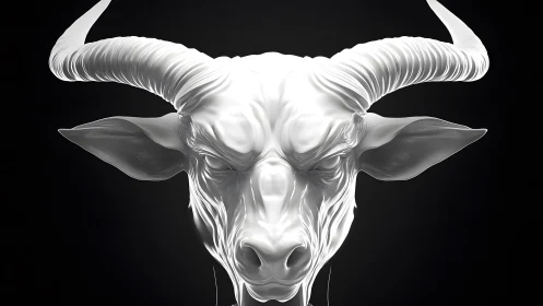 Majestic White Bull Head Sculpture in Dramatic Lighting.