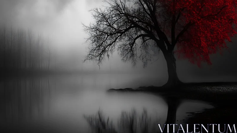 Crimson tree broods over misty lake in monochrome silence.