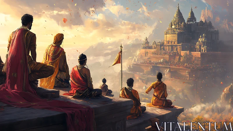 Sunlit gathering above a sacred mountain temple city.