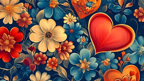 Romantic Floral Garden with Stylized Hearts on Navy Background.