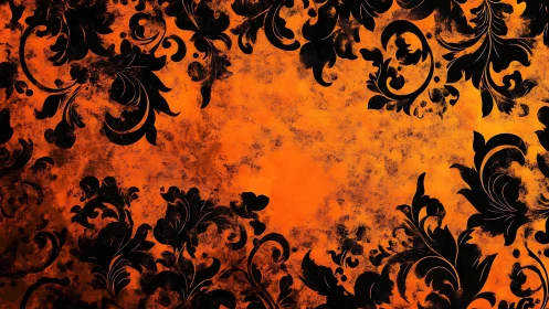 Floral silhouettes dance across glowing orange grunge field.