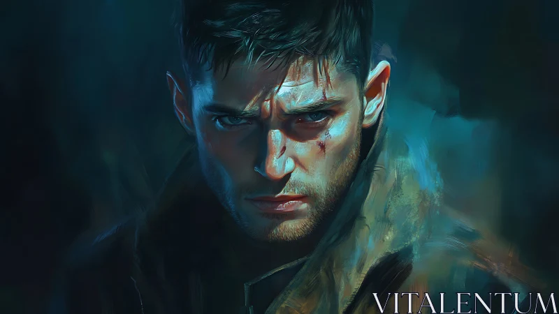 Battle-hardened warrior stares ahead in moody teal light.