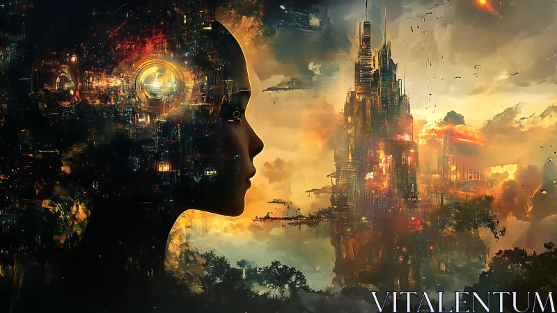 Cybernetic mind skyline merges with glowing sci fi citadel.