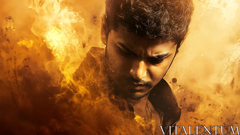 Male portrait in dense orange flames and smoke field.