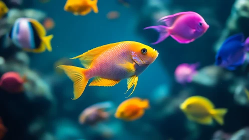 Golden reef fish glides through vivid tropical school.