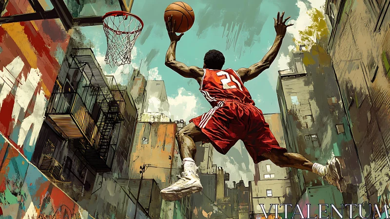 Street basketball player soaring toward urban graffiti hoop