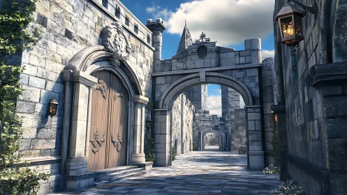 Sunlit stone corridor of a quiet, story-heavy citadel.