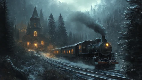 Steam locomotive passing church in snowy forest at night.
