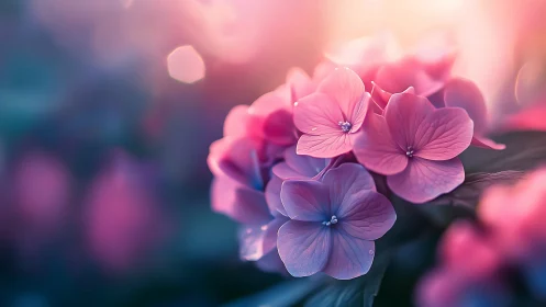 Pink Hydrangea Flowers Bathed in Golden Sunlight.