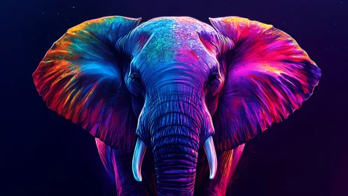 Neon night elephant glowing in swirling rainbow colors.