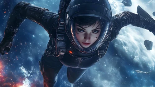 Fearless spacewoman hurtles through starlit asteroid field.