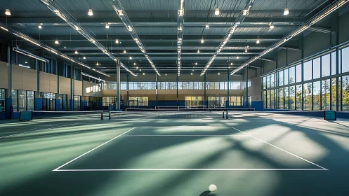 Modern indoor tennis complex with sunlit glass walls.