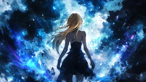 Starlit girl silhouette stands amid erupting cosmic blues.