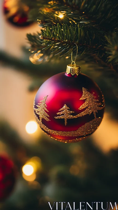 Macro view of red Christmas bauble with gold fir tree motifs