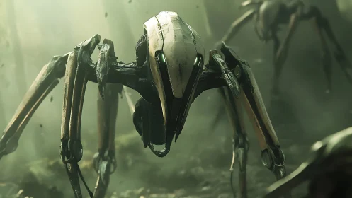 Quadruped robotic unit advances through misted forest terrain