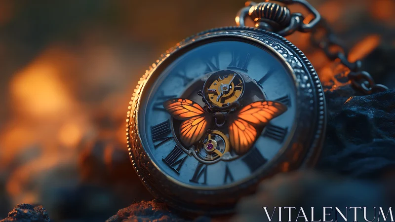 Mechanical pocket watch with luminous butterfly escapement glows