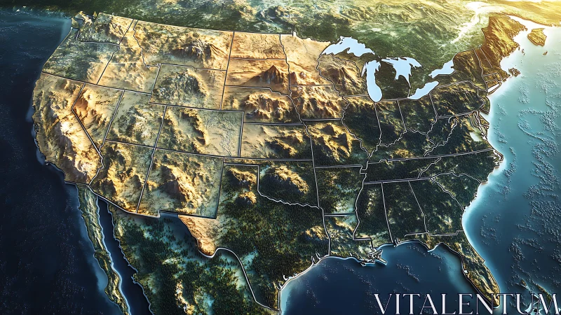Sunlit relief map lets United States rise from the ocean
